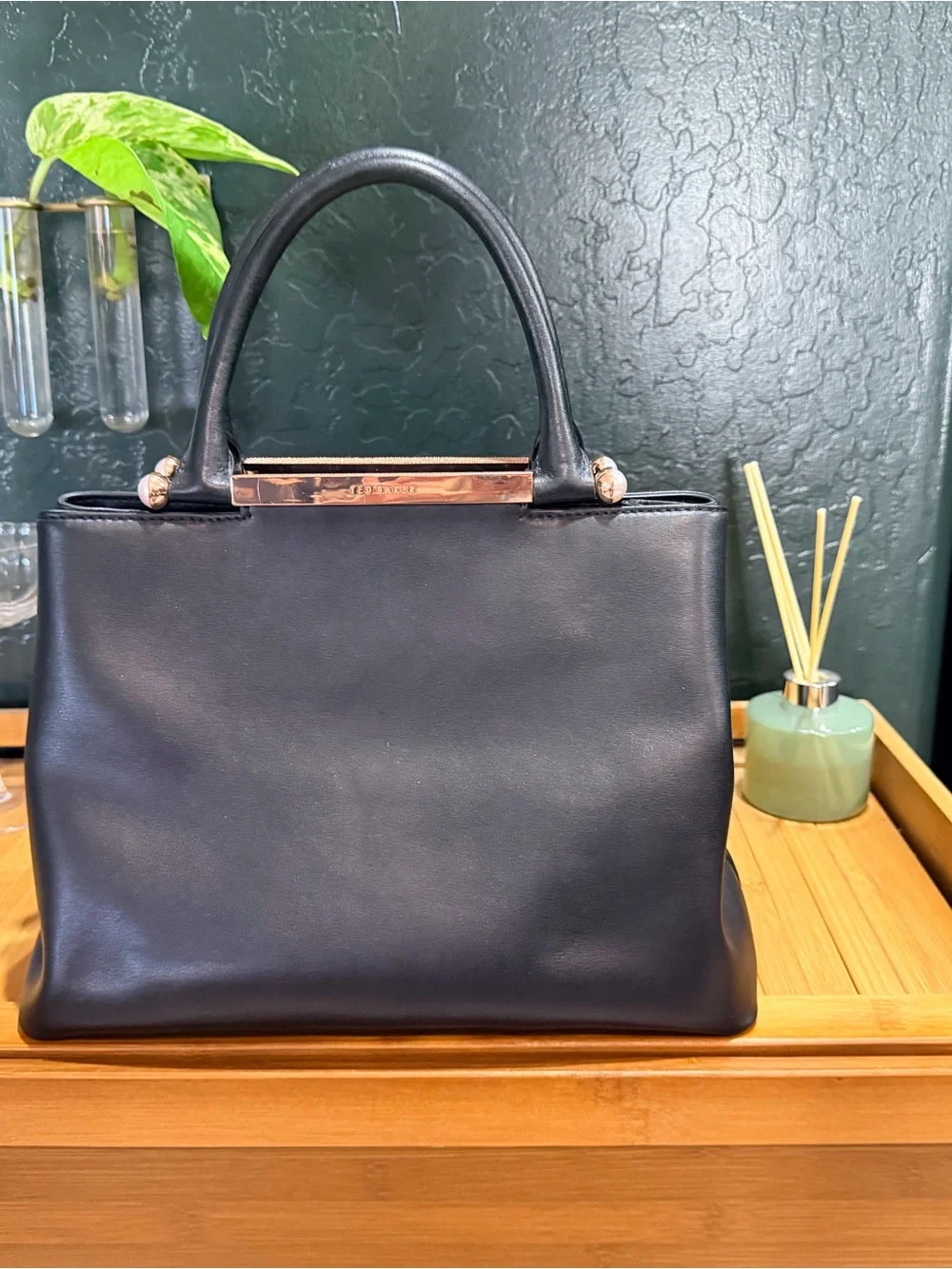 Ted Baker Black Leather Satchel with Rose Gold Accent